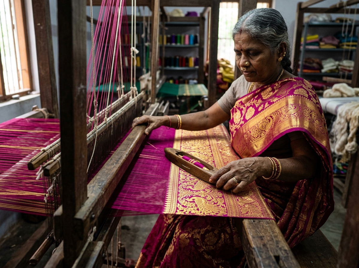 Traditional Handloom Weaver Crafting Pure Silk Sarees