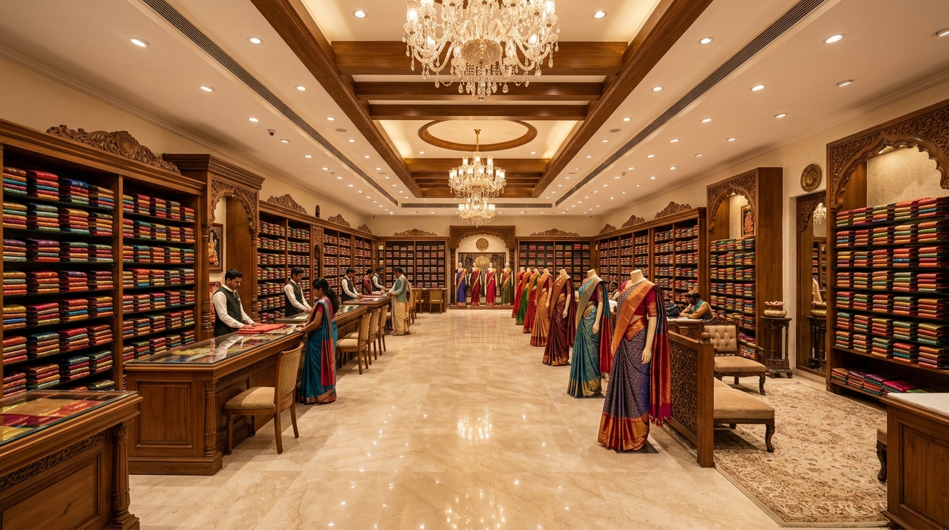 Grand Textile and Silk Showroom Aisles at Sri Balaji Silks Ariyalur