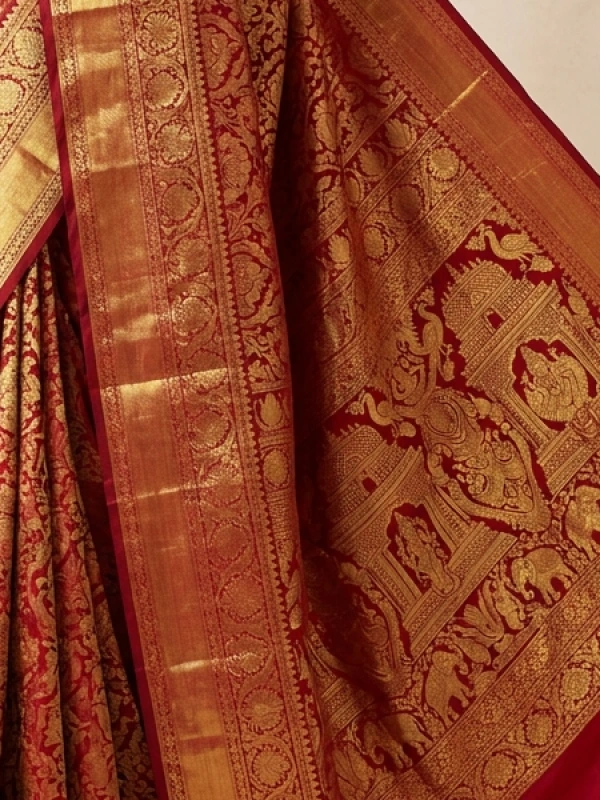 Royal Crimson Kanchipuram Pure Zari Bridal Silk Saree detail