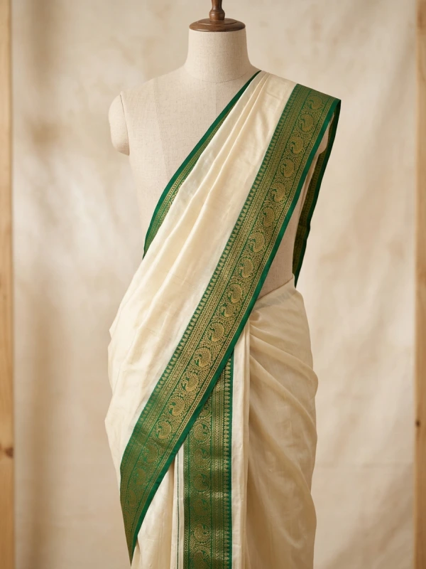 Traditional Mayilkann Border Kasavu Pure Silk Saree