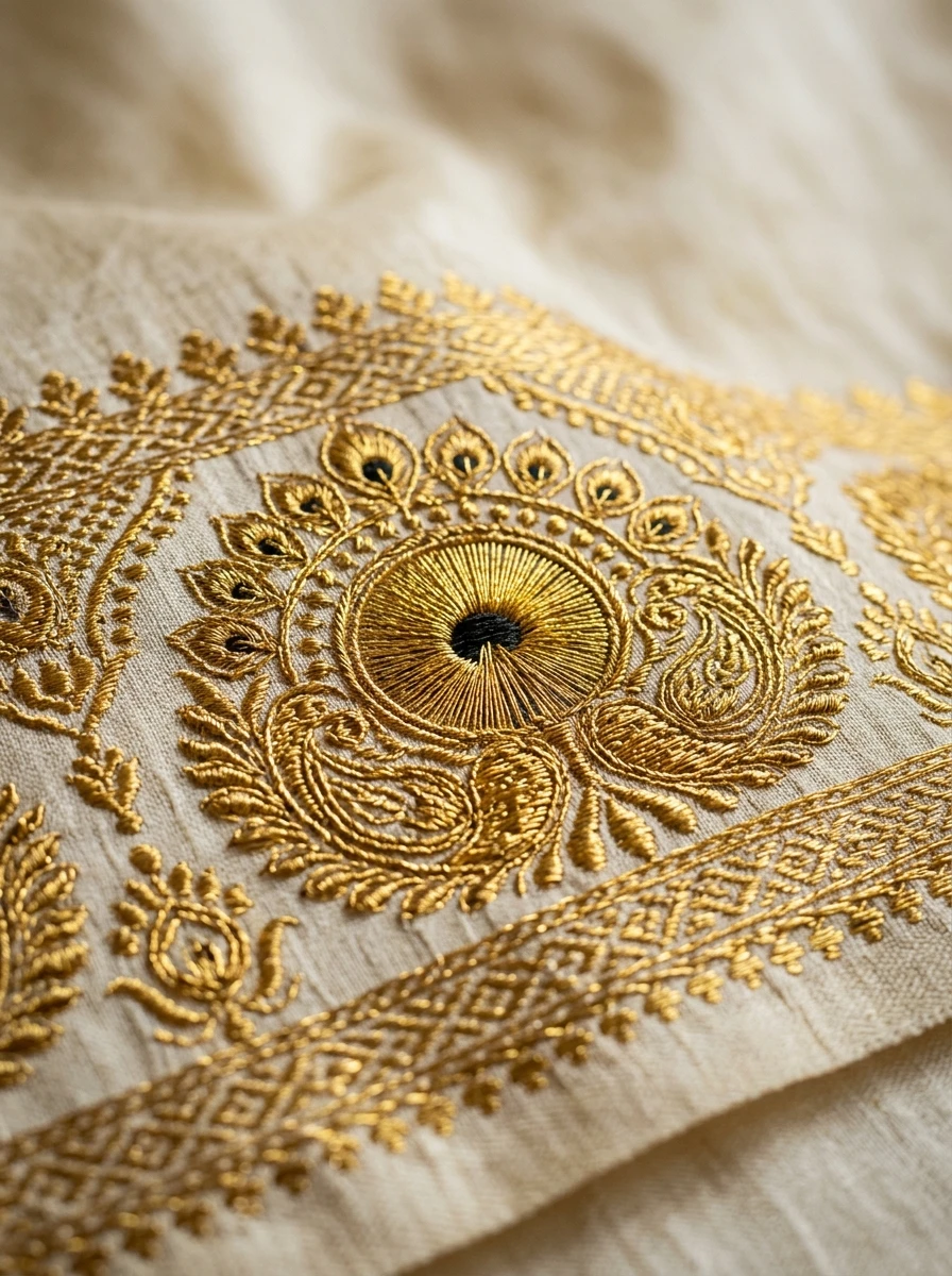 Traditional Mayilkann Border Pure Silk Veshti & Angavastram detail