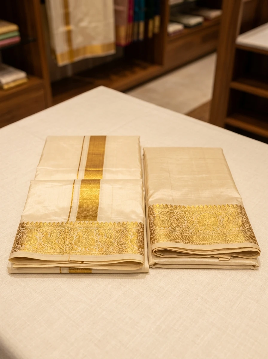Traditional Mayilkann Border Pure Silk Veshti & Angavastram